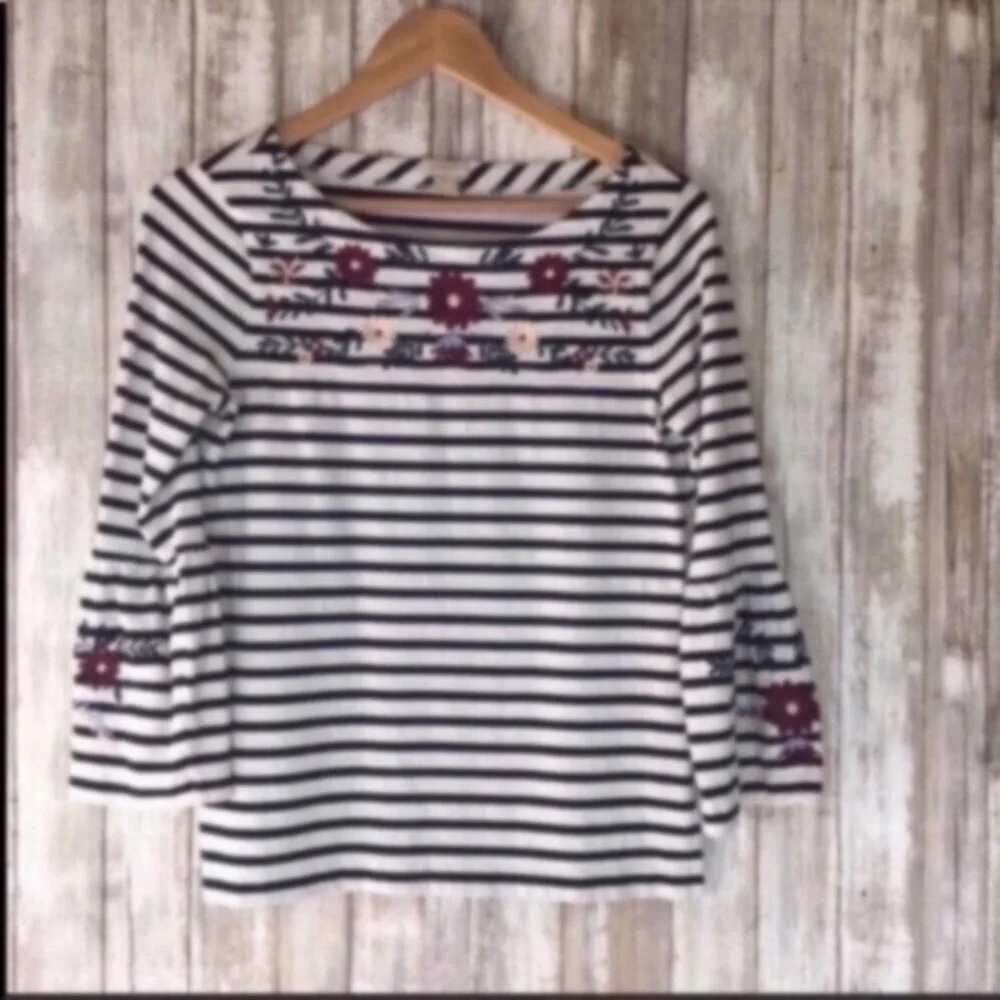 J.Crew Striped Embroidered Bell Sleeve Top XS Blue White Cotton